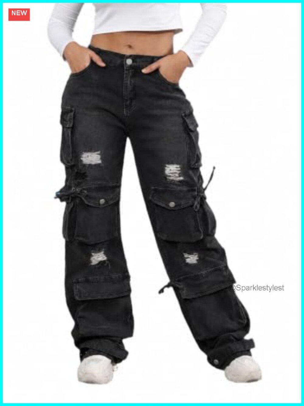 High Waist Baggy Cargo Jeans Wide Leg Flap Pocket Streetwear Denim Pants